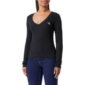 V-Kragen Langarmshirt mit Ärmelbündchen und Logoprint, Schwa... S