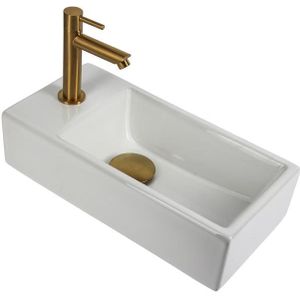 Fonteinset Lido 40 x 20 cm Keramiek Glans Wit | Geborsteld Messing Kraan en Afvoer