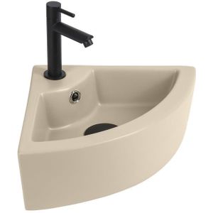 Hoekfonteinset Trikon 32 x 32 cm Keramiek Zand Beige | Mat Zwarte Kraan en Afvoer