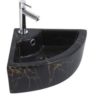 Toilet Fonteinset Lido 37 x 18 cm Keramiek Mat Zwart Goud Marmer | Mat Zwarte Kraan en Afvoer