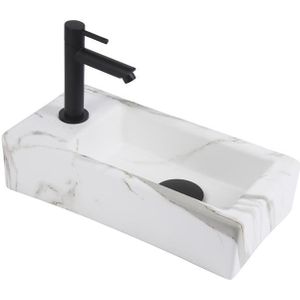 Fonteinset Lido 37 x 18 cm Keramiek Shiny Marmerlook | Mat Zwarte Kraan en Afvoer