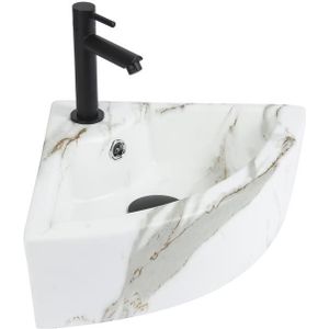Hoekfonteinset Trikon 32 x 32 cm Keramiek Shiny Marmerlook | Mat Zwarte Kraan en Afvoer