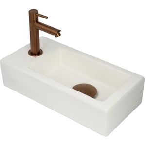 Fonteinset Lido 37 x 18 cm Keramiek Glans Wit | Geborsteld Koperen Kraan en Afvoer