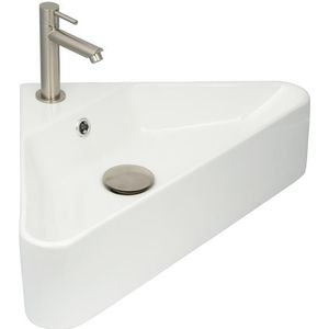 Hoekfonteinset Trinity 56 cm Keramiek Glans Wit | RVS Kraan en Afvoer