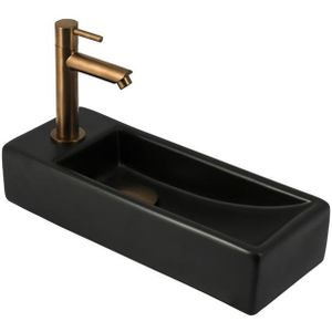 Fonteinset Lido Slim 38 x 14 cm Keramiek Mat Zwart | Geborsteld Koperen Kraan en Afvoer