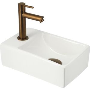 Fonteinset Lido XS 31 x 18 cm Keramiek Glans Wit | Geborsteld Koperen Kraan en Afvoer