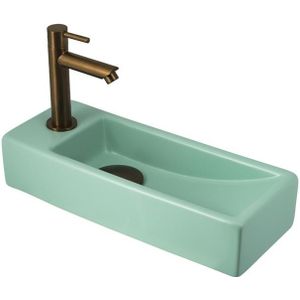 Fonteinset Lido Slim 38 x 14 cm Keramiek Pastel Groen | Geborsteld Koperen Kraan en Afvoer