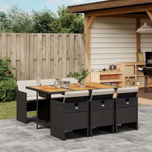 Tuinset Met Kussens Poly Rattan - 7 items - Zwart en crème - Hout