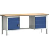 KLW-LUTZ BETRIEBSEINRICHTUNGEN Werkbank PW 700 B2000xT700xH840mm Buche Multiplex grau enzianblau 4 Schubl.1 Tür - WNS202N-2000M40-E2072 7035/501