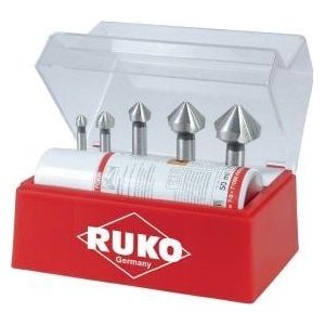 RUKO Kegel- und Entgratsenker-Satz 6tlg. DIN 335 Form C 90° HSSE-Co 5 Ø 6,3 - 25 mm + Schneidpaste 50 ml in Kunststoffkassette - 102142E