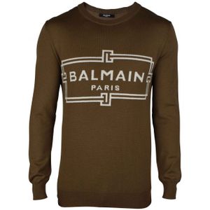 Balmain - Gebreide Trui - Kaki - Lange Mouwen - Ronde Kraag