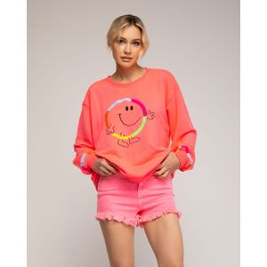 Sweatshirt - Fluor - Glimlach Patroon - Borduursel op Voorkant en Manchetten