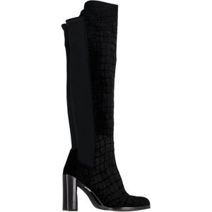 Stuart Weitzman Krokodillenprint Knielange Hakkenlaarzen in Zwart Fluweel