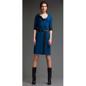 A-lijn Jurk - Tweekleurig - Vilten Stof - Elleboogmouwen - V-hals met Ruches