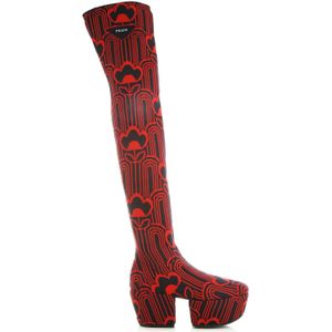 Prada - Over-knee Laarzen - Rood - Stoffen Bovenwerk - Rubber Zool - Ronde Neus