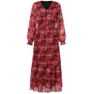 Smashed Lemon - Lippenprint - Chiffon Maxi Jurk - Rood en Zwart