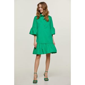 Jurken - Groene Klokmouwtjes Jurk - Geweven Stretch Poplin - Ruches