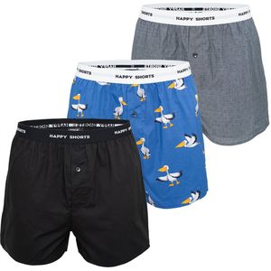 Happy Shorts 3-pack wijde boxershorts heren zwart pelikaan print blauw