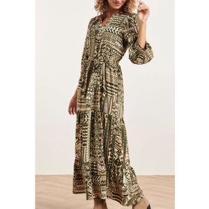 Smashed Lemon - 23814 - V-hals Jurk - Army Green en Off White - Ornamentele Print