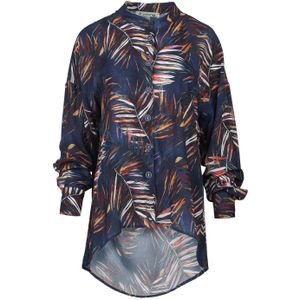 Blouse - Donkerblauw - Met Bladprint - Lange Mouwen - Mandarijnkraag