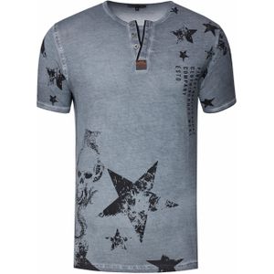 Rusty Neal - T-shirt - Ronde Hals - Henley-stijl - Met Opdrukken en Knoopsluiting