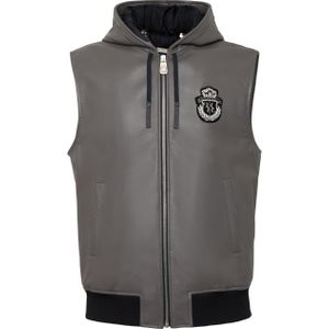 Billionaire - Mouwloos Leren Vest - Grijs - Nappa-schapenleer - Met Capuchon