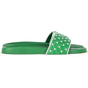 Valentino Garavani Rockstud Gequilte Slippers In Groene Leer