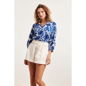 Smashed Lemon 24378 dames top wit en blauw met bloemenprint en crochet