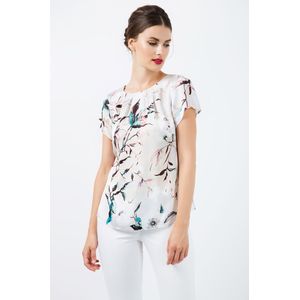 Korte Mouw - Bedrukte Satijnen Top - Geweven Satijnen Stof - Ronde Halslijn