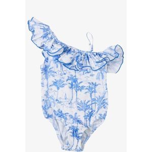 Saint Barth - Badpak - One Shoulder - Wit met Blauwe Palmbomen