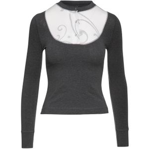 Top - Donkergrijs - Met Popeline Detail - Lange Mouwen - Ronde Halslijn