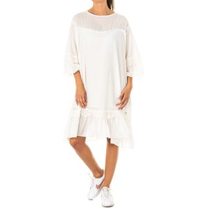 Jurk - Wit - Katoen - Ronde Hals - 3/4 Mouwen - Kant Versiering