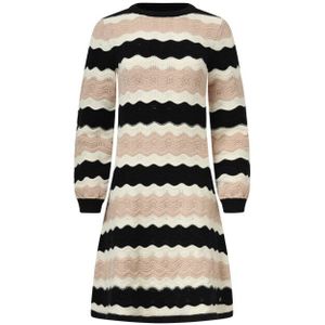 Smashed Lemon - Damesgebreide Jurk - Zand - Met Golfpatroon - Lange Pofmouwen