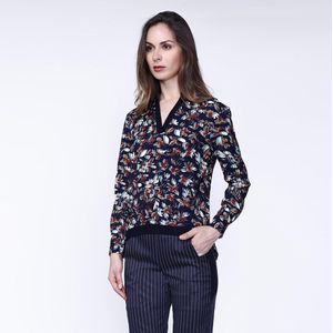 Blouse - Satin Col-V - Bladerenprint - Lange Mouwen - V-hals