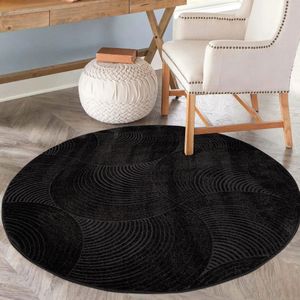 Muratap Everest vloerkleed modern 3d boho laagpolig rond tapijt woonkamer zwart- 200 cm rond