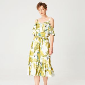 Tropische print trapeze -jurk met ruches en dunne riemen