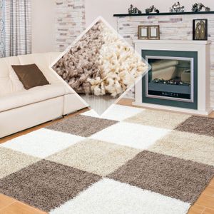 Muratap Basic shaggy geblokt vloerkleed / beige hoogpolig- 120x170 cm