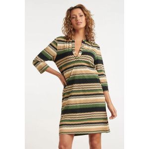 Smashed Lemon - 24709 - Fitted Zigzag Print Travel Kwaliteit Jurk - Legergroen - Zandtinten - Zwart
