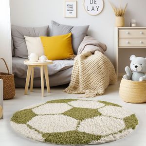 Muratap Fun voetbal kinderkamer rond vloerkleed hoogpolig wit- 100 cm rond