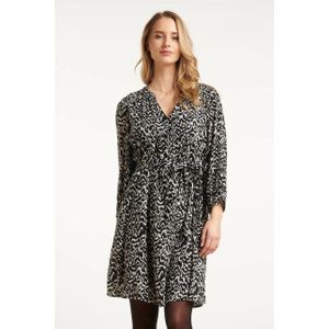 Smashed Lemon - Jurk - Zwart en Wit - Abstracte Print - 3/4 Pofmouwen