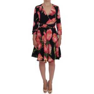 Dolce & Gabbana Vrouwen Zwart Roze Tulp Print Stretch Shift Jurk