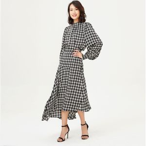 Houndstooth -print Blouse - Monochroom - Lange Mouwen - Hoge Kraag