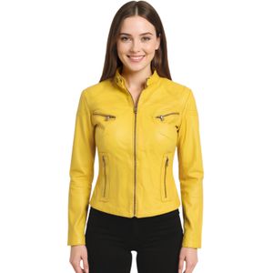 Dames - Tulsa - Leren Bikerjack - Geel - Casual Slim-fit