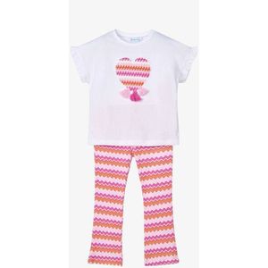 Mayoral - Set - Orchid - Flared Legging Met All Over Print - Oversized T-shirt Met Roze Mouw En Hart Met Franjes