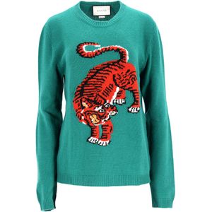 Gucci Trui met Tijger Intarsia in Groene Wol