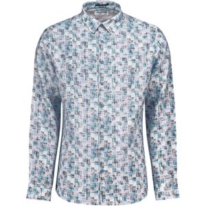 No Excess Overhemd lange mouw linnen met print aqua