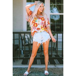 Florale V-hals Blouse Korte Mouwen