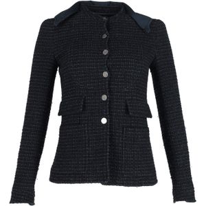 Chanel Boucle Tweed Fitted Jacket met Afneembare Kraag in Marineblauwe Katoen