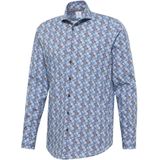 Blue Industry Overhemd poplin stretch, blauw bruin motief geprint