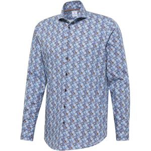 Blue Industry Overhemd poplin stretch, blauw bruin motief geprint